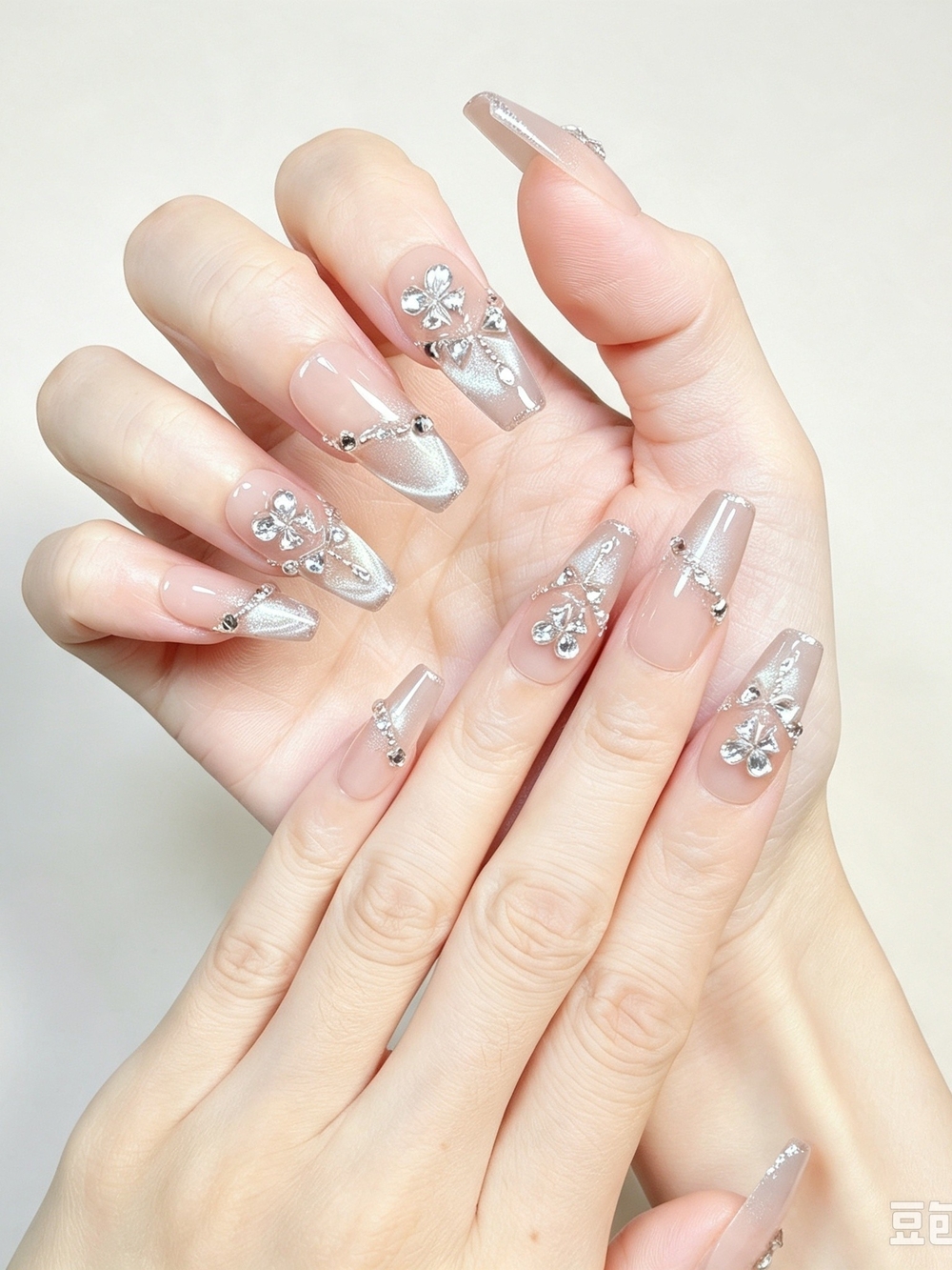 Nude Long Coffin Press On Nails With Silver Cat‑Eye Silver Butterfly Rhinestones